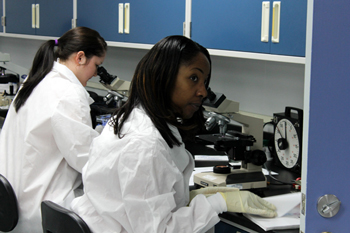 female students using microscopes